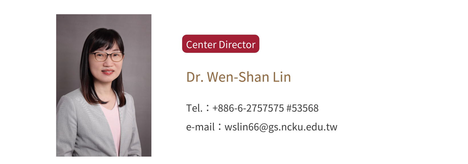 An information card featuring a professional headshot of Teacher Wen-Shan Lin on the left. She is wearing glasses and a grey blazer. The right side contains her title as 
